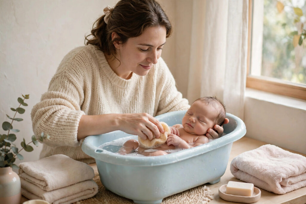 Parent gently bathing a newborn baby in a small pastel-blue baby bathtub