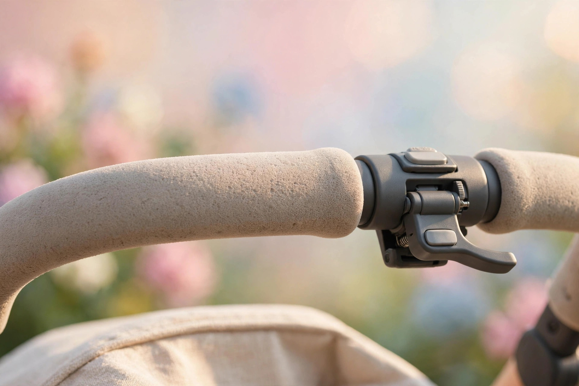 Close-up of a stroller handlebar and one-hand fold lever