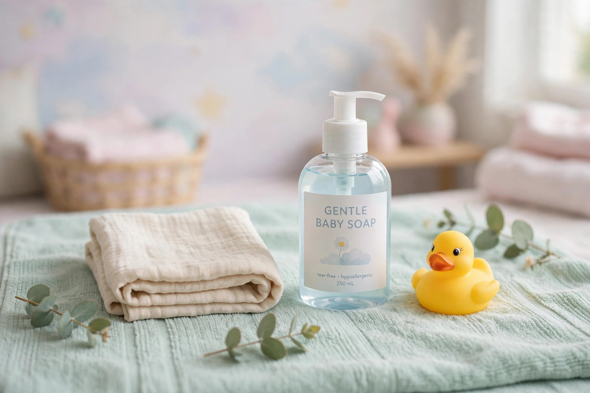 Baby bath essentials arranged on a mint-green towel: washcloth, gentle baby soap, and a yellow rubber duck