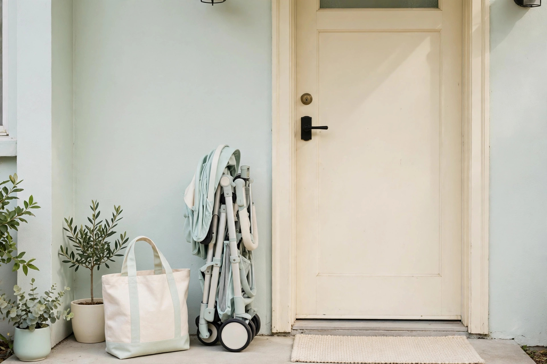 A folded compact stroller standing upright by an apartment door