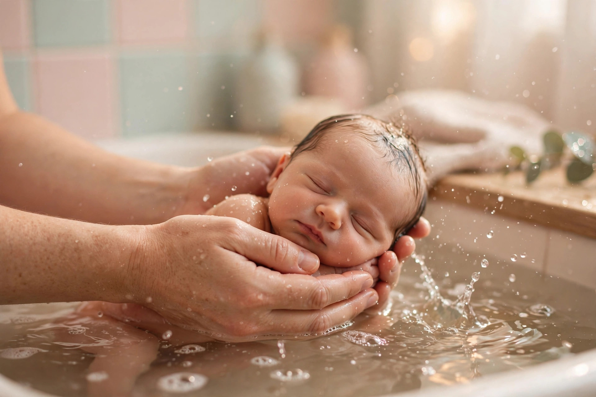Parent's hands gently supporting a newborn during bath time