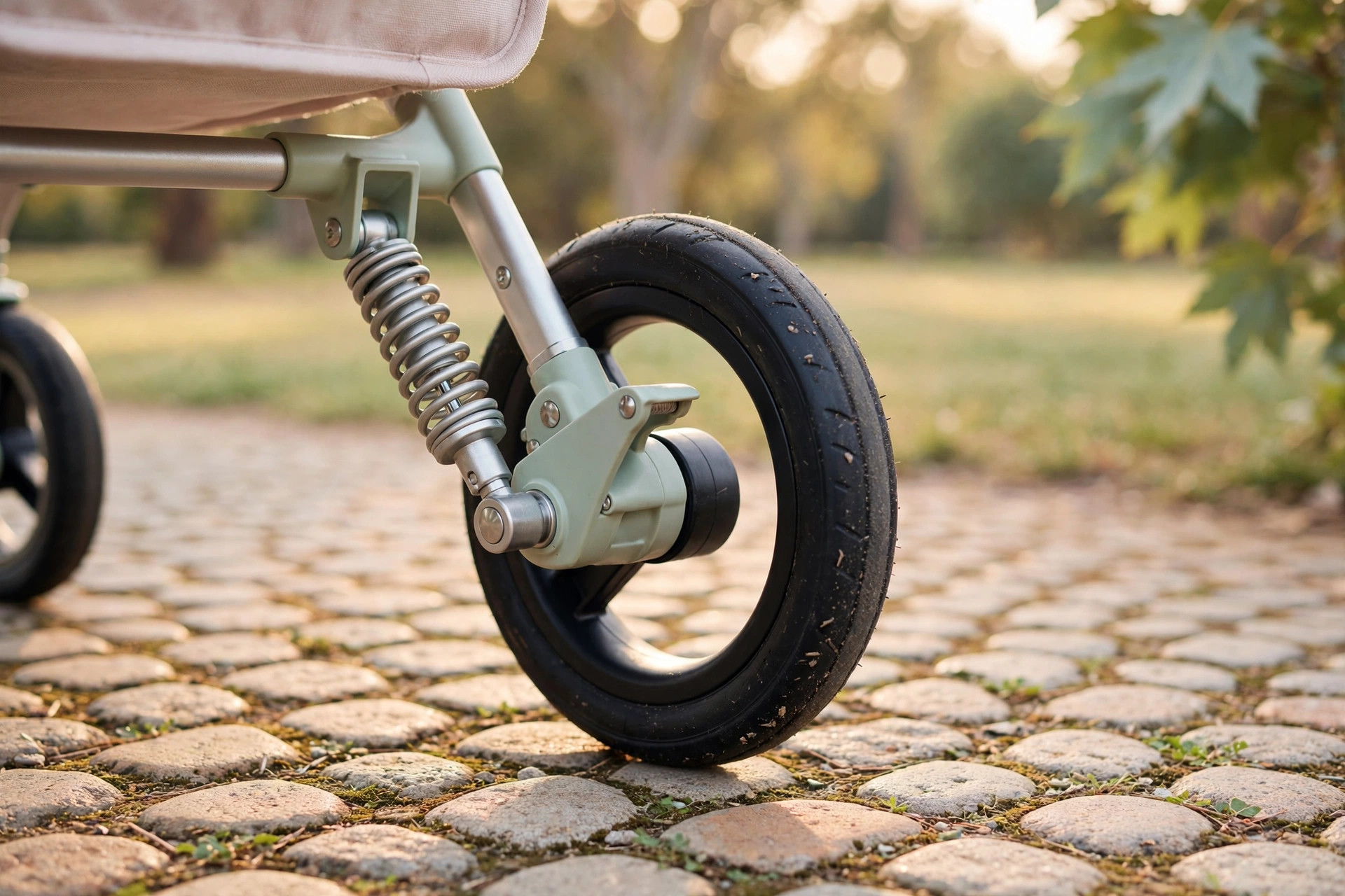 Close-up of stroller wheels and suspension on a cobblestone path