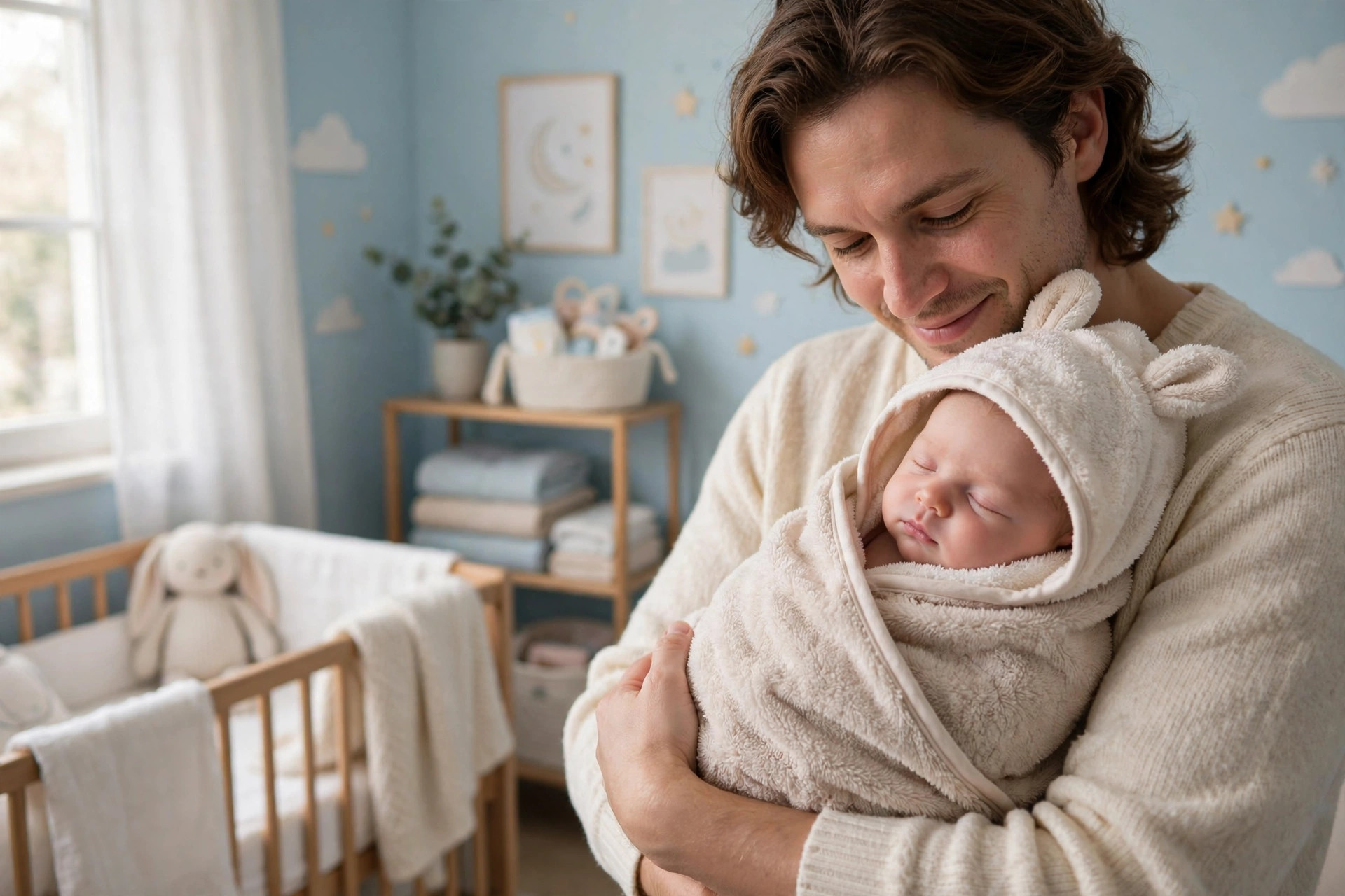 Newborn baby wrapped in a soft hooded towel after a bath