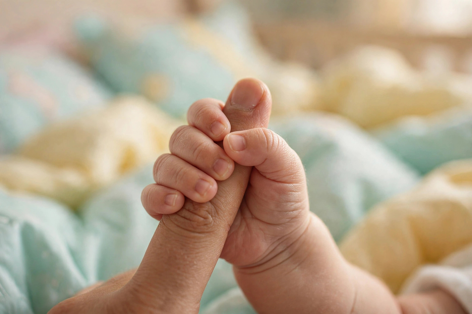 A baby gently holding a parent finger in a pastel nursery