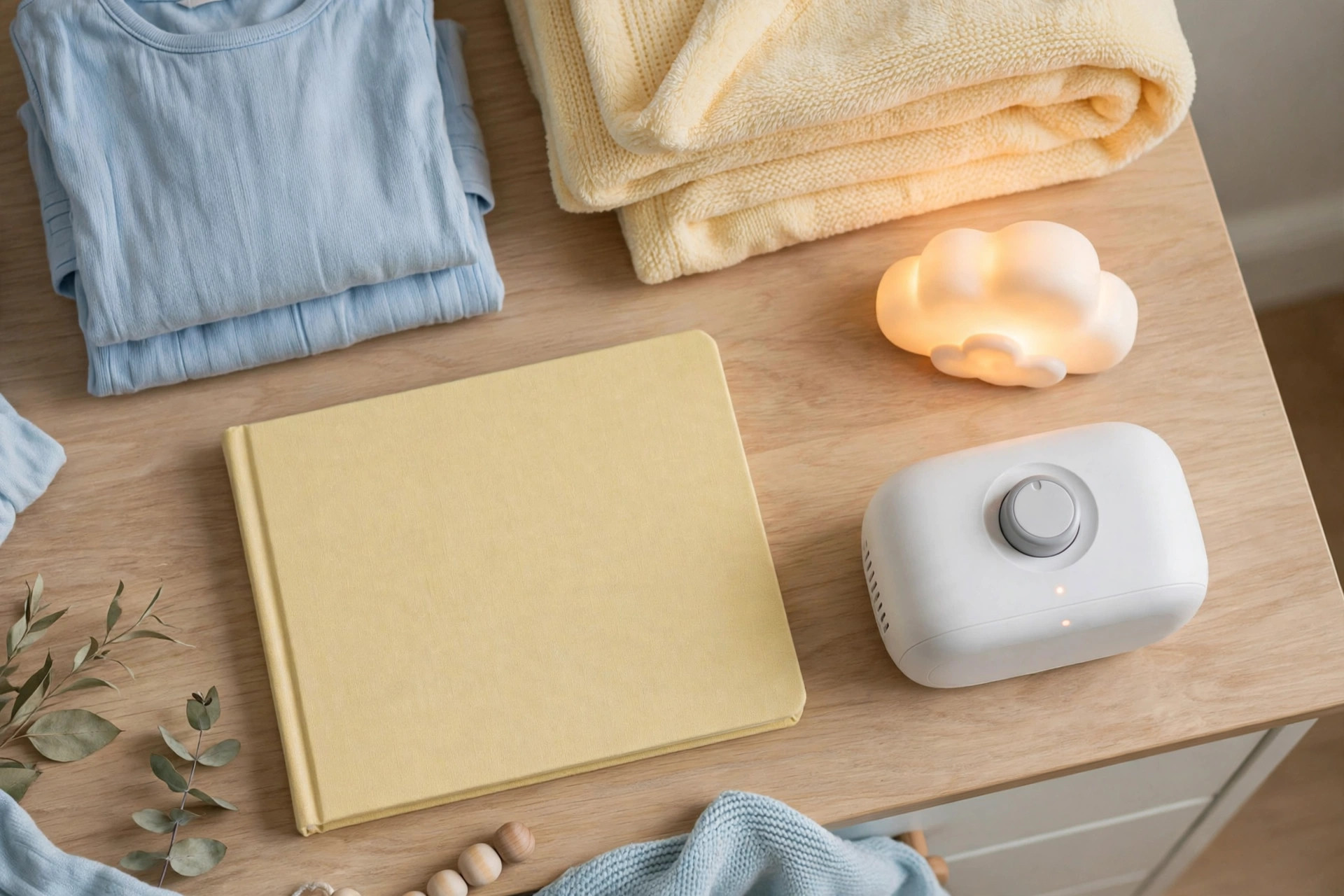 A calm bedtime setup with pajamas, nightlight, and white noise machine