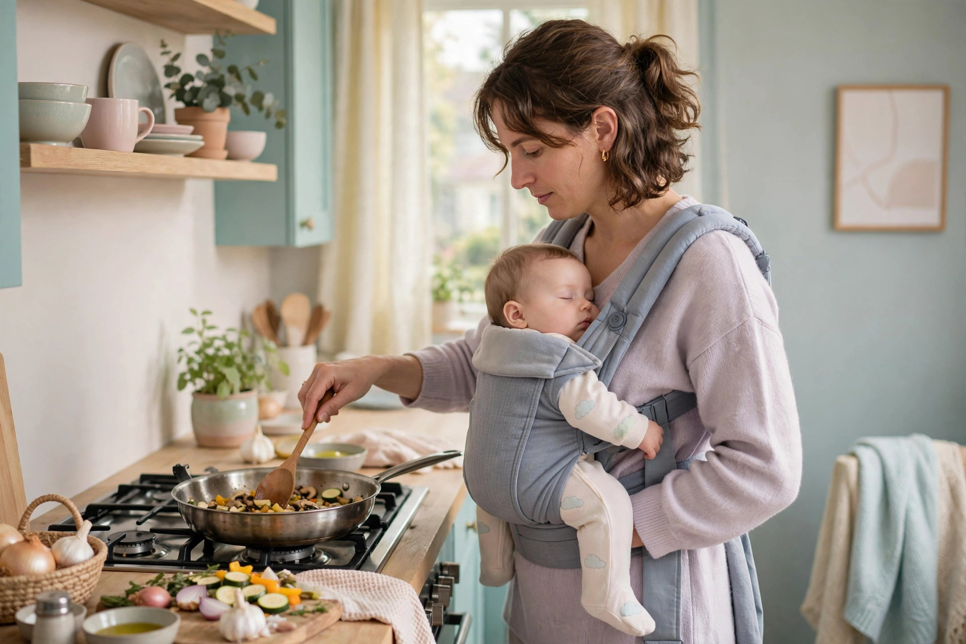Parent babywearing a young infant in a soft carrier while preparing dinner in a cozy kitchen
