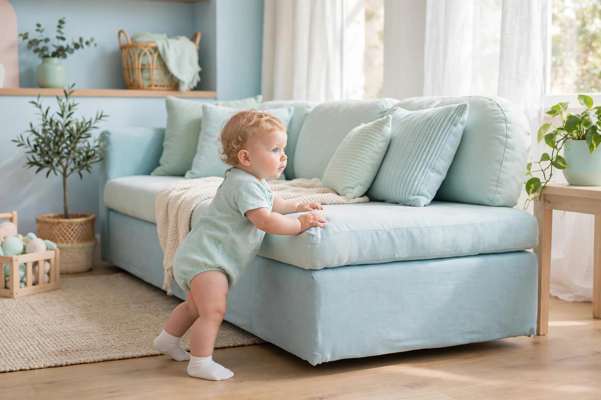 Baby cruising along a pastel sofa holding on with both hands