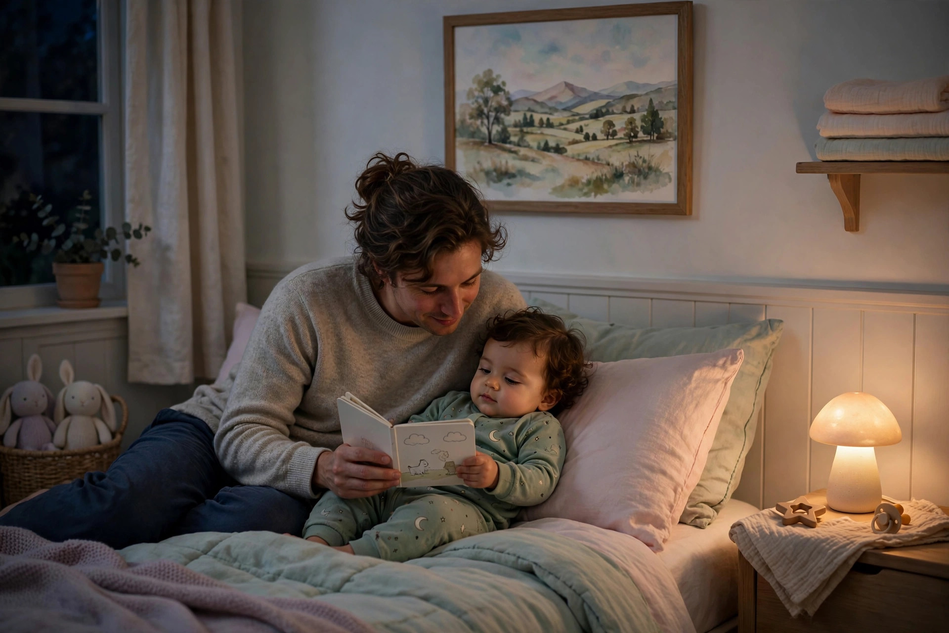 Parent reading a small board book to a baby in a dim nursery with a soft night-light glow
