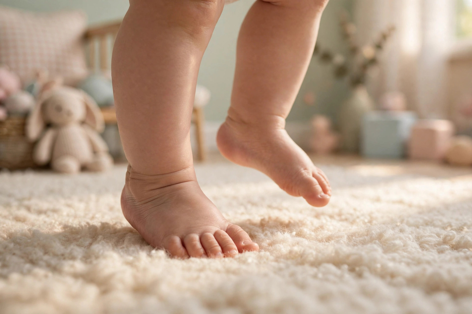 Close-up of a baby's bare feet taking a first step on a soft rug