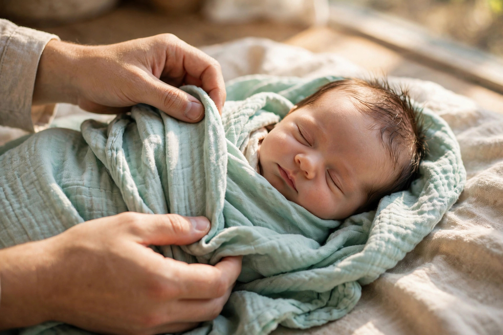 Baby being gently swaddled on a soft mint blanket with a parent's hands in frame