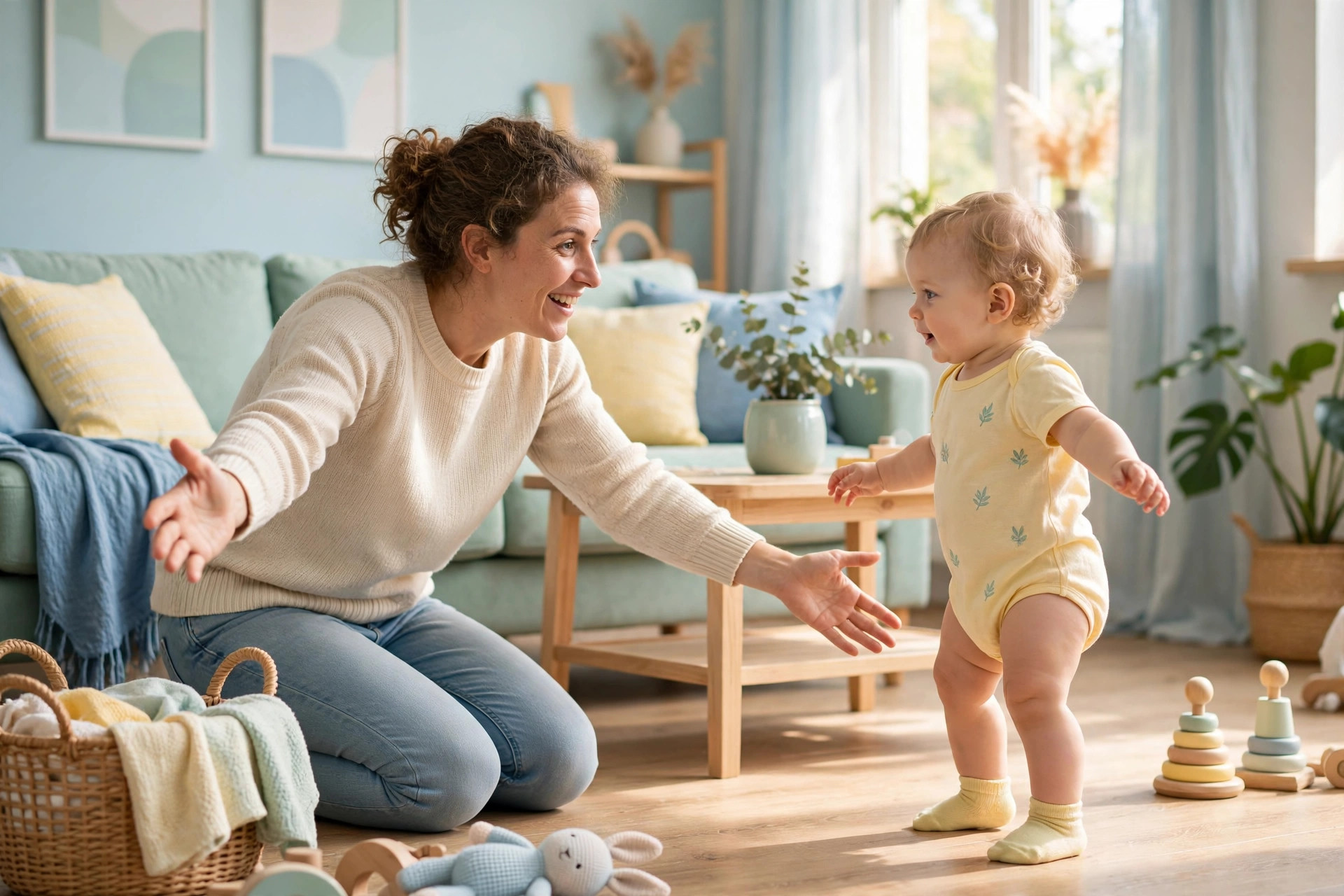 Parent kneeling with open arms encouraging a baby a few steps away
